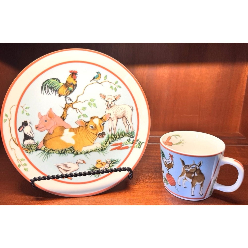 Lynn‎ Chase Barn Dance Plate & Mug Set Farm Animals Dinnerware Chicken Pig Cow